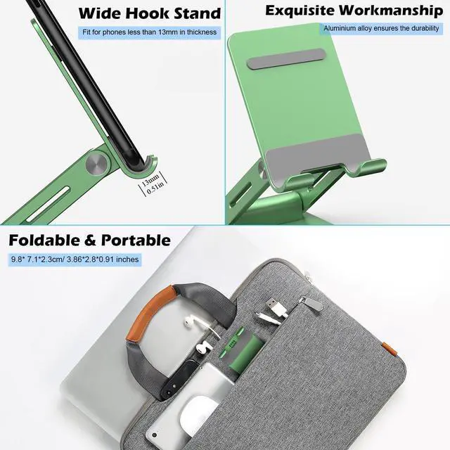Alt view image 6 of 7 - Minthouz Adjustable & Foldable Z-type Aluminum Mobile Phone Stand with Anti-Slip Base and Convenient Charging Port, Compatible with iPhone 16-11 series and more 4.7''-7.9'' Phones - Green