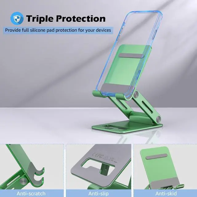Alt view image 7 of 7 - Minthouz Adjustable & Foldable Z-type Aluminum Mobile Phone Stand with Anti-Slip Base and Convenient Charging Port, Compatible with iPhone 16-11 series and more 4.7''-7.9'' Phones - Green