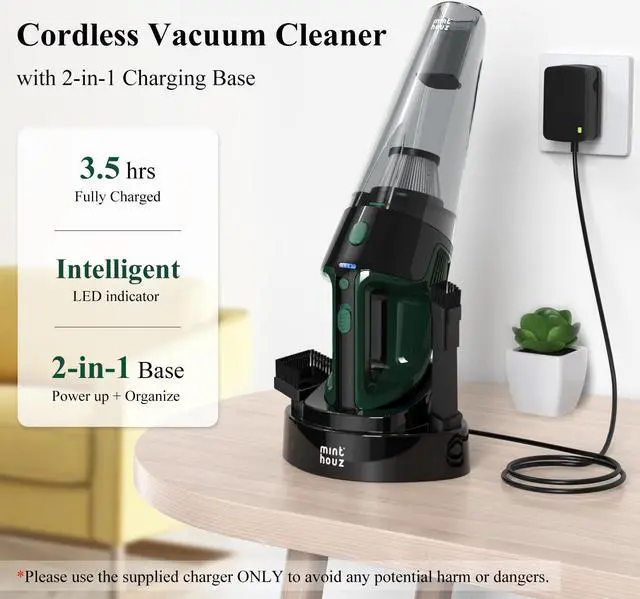 Alt view image 4 of 7 - Minthouz Cordless Handheld Vacuum Cleaner - 9000Pa Strong Suction with 120W Motor, Portable Hand Vacuum with 20-30 Mins Runtime, 2-in-1 Charging Dock, LED Light for Car, Home & Office Cleaning