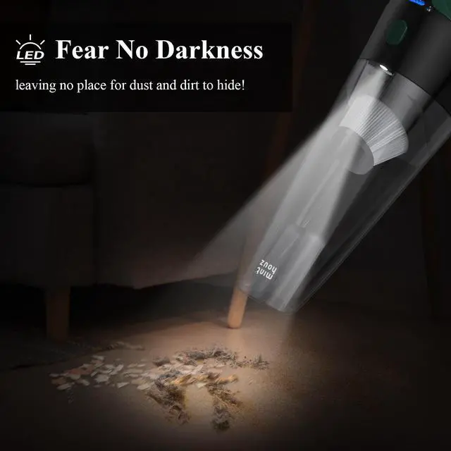 Alt view image 5 of 7 - Minthouz Cordless Handheld Vacuum Cleaner - 9000Pa Strong Suction with 120W Motor, Portable Hand Vacuum with 20-30 Mins Runtime, 2-in-1 Charging Dock, LED Light for Car, Home & Office Cleaning