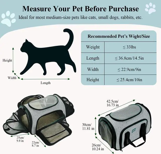Alt view image 2 of 7 - Minthouz 4-Sided Expandable Pet Carrier, Airline Approved Collapsible Pet Travel Bag with 4 Shoulder Straps & Removable Fleece Pad, for Cats, Puppies, Rabbits and More Medium-size Pets(Grey&Green)