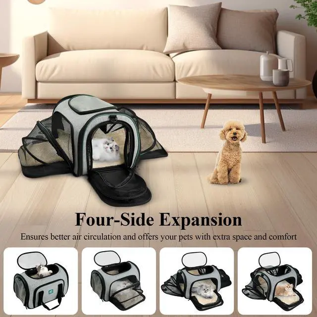 Alt view image 4 of 7 - Minthouz 4-Sided Expandable Pet Carrier, Airline Approved Collapsible Pet Travel Bag with 4 Shoulder Straps & Removable Fleece Pad, for Cats, Puppies, Rabbits and More Medium-size Pets(Grey&Green)