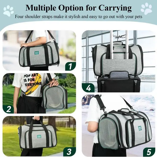 Alt view image 6 of 7 - Minthouz 4-Sided Expandable Pet Carrier, Airline Approved Collapsible Pet Travel Bag with 4 Shoulder Straps & Removable Fleece Pad, for Cats, Puppies, Rabbits and More Medium-size Pets(Grey&Green)