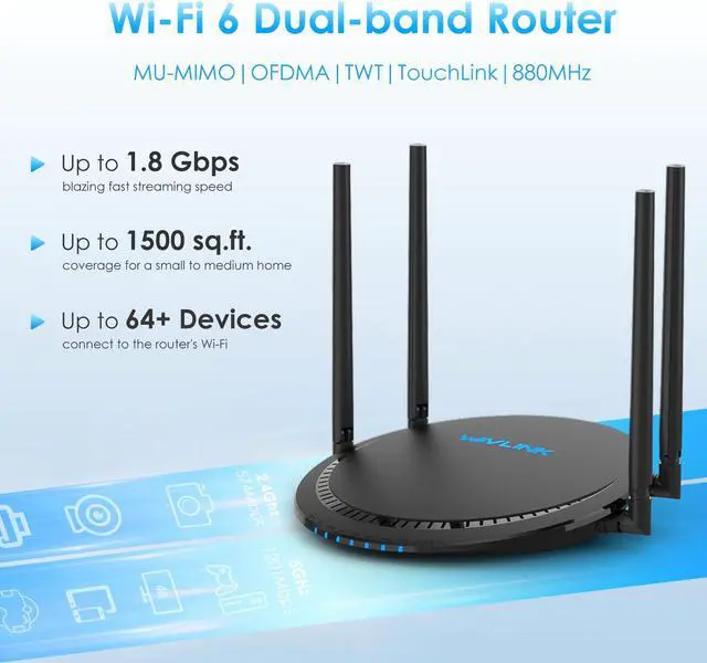 Alt view image 3 of 7 - WAVLINK AX1800 WiFi 6 Router- Dual Band 2.4GHz 574Mbps + 5GHz 1201Mbps Gigabit Wireless Internet Router, Supports 802.11ax/ac/a/n/g/b standards, 880MHZ Dual Core CPU, Up to 1500 Square Feet Coverage &