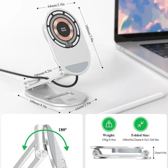 Alt view image 6 of 7 - Minthouz Magnetic Wireless Charger, Foldable MagSafe Charging Stand, Adjustable Aluminum Phone Holder with 20W USB-C Fast Charger Included, for iPhone 16 15 14 13 12 Pro/Max/Plus, AirPods 3/Pro 2/Pro