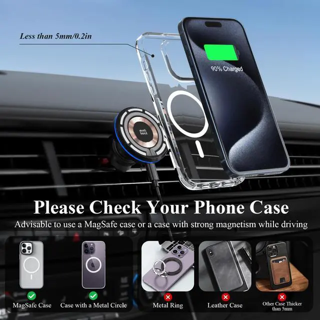 Alt view image 3 of 7 - Minthouz Magnetic Wireless Car Charger, Magnetic Phone Holder for Car, with Max. 15W Fast Charging, Compatible with iPhone 16/15/14/13/12 Series and Other Qi-Certified Phones with a MagSafe Case