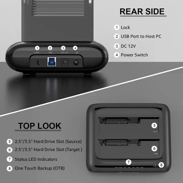 Alt view image 2 of 7 - Wavlink Dual Bay External Hard Drive Docking Station, USB 3.0 to SATA I/II/III  for 2.5 or 3.5in HDD, SSD with Offline Clone Function, supports UASP SATA 5Gbps[ 2x16TB Support]