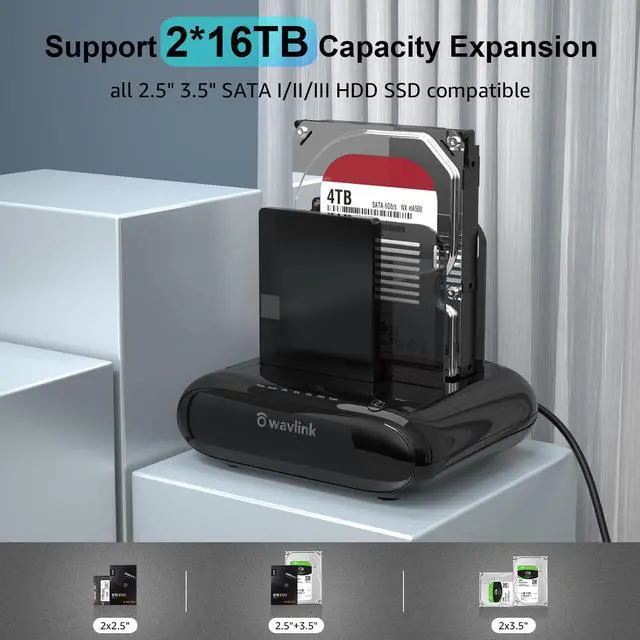 Alt view image 5 of 7 - Wavlink Dual Bay External Hard Drive Docking Station, USB 3.0 to SATA I/II/III  for 2.5 or 3.5in HDD, SSD with Offline Clone Function, supports UASP SATA 5Gbps[ 2x16TB Support]