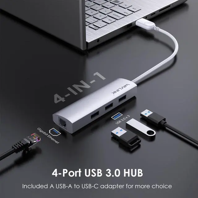 Alt view image 4 of 7 - USB 3.0 3 Ports Hub with Gigabit Ethernet Adapter, Unibody Aluminum Alloy Body Slim and Sandblasted Surface Supports for Windows Mac OS