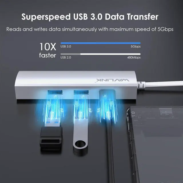 Alt view image 5 of 7 - USB 3.0 3 Ports Hub with Gigabit Ethernet Adapter, Unibody Aluminum Alloy Body Slim and Sandblasted Surface Supports for Windows Mac OS