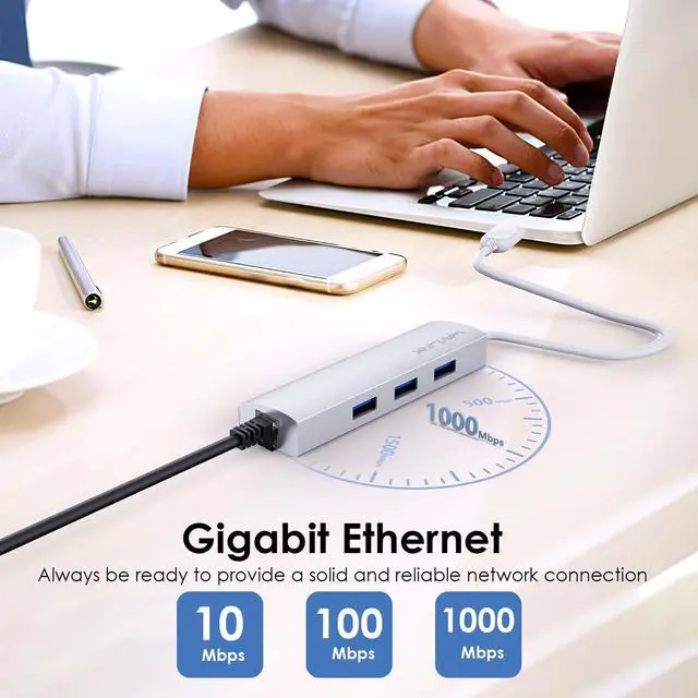Alt view image 2 of 7 - USB 3.0 3 Ports Hub with Gigabit Ethernet Adapter, Unibody Aluminum Alloy Body Slim and Sandblasted Surface Supports for Windows Mac OS