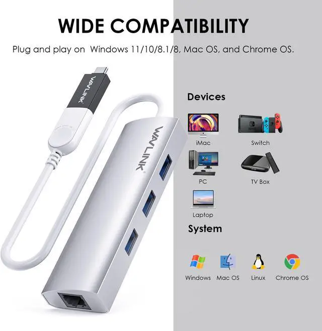 Alt view image 3 of 7 - USB 3.0 3 Ports Hub with Gigabit Ethernet Adapter, Unibody Aluminum Alloy Body Slim and Sandblasted Surface Supports for Windows Mac OS