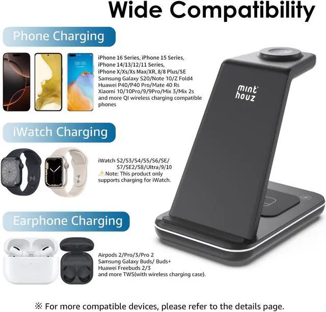 Alt view image 3 of 7 - Minthouz Wireless Charger,3 in 1 Fast Wireless Charging Station with 20W Adapter for Multiple Devices Apple Watch, AirPods, Compatible with iPhone 16/15/14/13/12/11 Series, Samsung