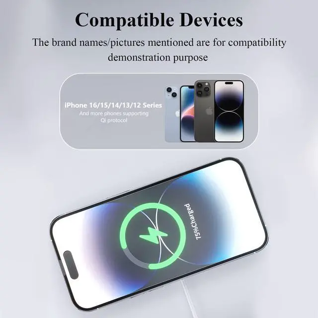 Alt view image 7 of 7 - Minthouz Qi2 Certified 15W Wireless Charger, Magnetic Charging Pad for iPhone 16/15/14/13/12 Series, Airpods 2/3/Pro and More Qi-Enabled Devices, with 20W Power Adapter