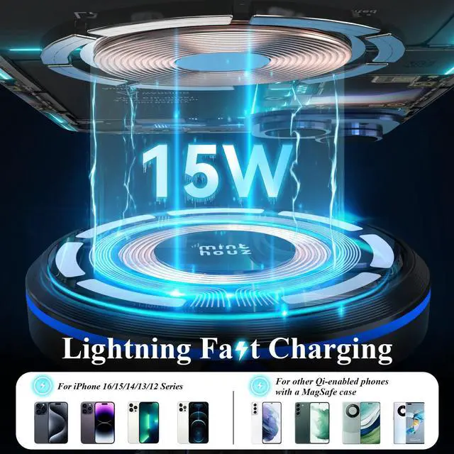 Alt view image 2 of 7 - Minthouz Magnetic Wireless Car Charger, Magnetic Phone Holder for Car, with Max. 15W Fast Charging, Compatible with iPhone 16/15/14/13/12 Series and Other Qi-Certified Phones with a MagSafe Case