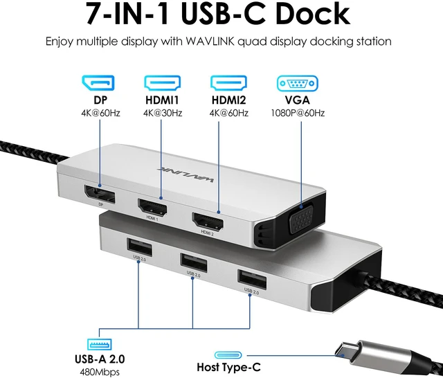 Alt view image 3 of 7 - USB C Docking Station, Docking Station Quad Monitors with Dual HDMI,DP,VGA,3* USB-A2.0 for Wireless Device,Compatible with Lenovo, HP, Dell, Windows System Computer