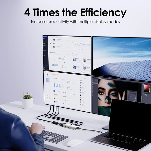 Alt view image 4 of 7 - USB C Docking Station, Docking Station Quad Monitors with Dual HDMI,DP,VGA,3* USB-A2.0 for Wireless Device,Compatible with Lenovo, HP, Dell, Windows System Computer