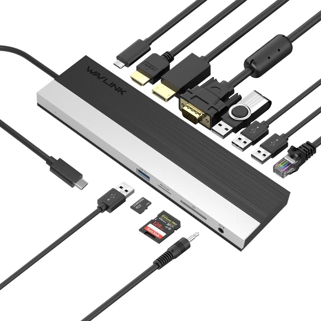 Main image of Wavlink USB C 12-in-1 Hub/ Docking Station, Triple Display Type-C Adapter with HDMI, Display Port and VGA, 100W PD3.0 Charging (85W for PC), Ethernet, MicroSD and SD Card Reader, 3.5mm Audio Jack and