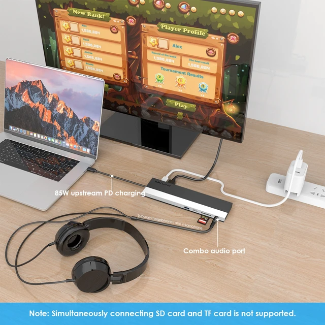 Alt view image 6 of 7 - Wavlink USB C 12-in-1 Hub/ Docking Station, Triple Display Type-C Adapter with HDMI, Display Port and VGA, 100W PD3.0 Charging (85W for PC), Ethernet, MicroSD and SD Card Reader, 3.5mm Audio Jack and