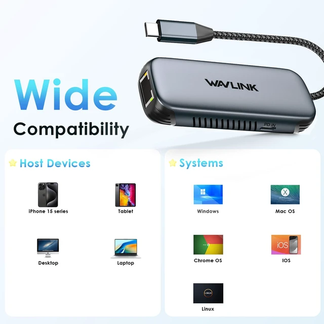 Alt view image 5 of 6 - WAVLINK USB-C to Ethernet Adapter, 2.5 Gbps RJ45 Plug and Play Network Adapter, Wired Internet Adapter with PD 95W for iphone, Laptops, PC, MacBook, Compatible with Windows/Mac OS/iOS/Linux/Chrome OS