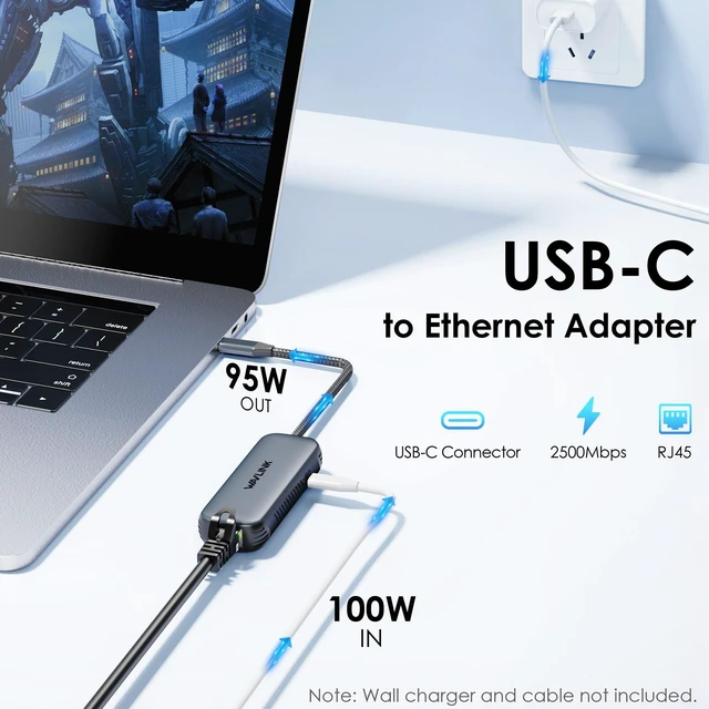 Alt view image 2 of 6 - WAVLINK USB-C to Ethernet Adapter, 2.5 Gbps RJ45 Plug and Play Network Adapter, Wired Internet Adapter with PD 95W for iphone, Laptops, PC, MacBook, Compatible with Windows/Mac OS/iOS/Linux/Chrome OS