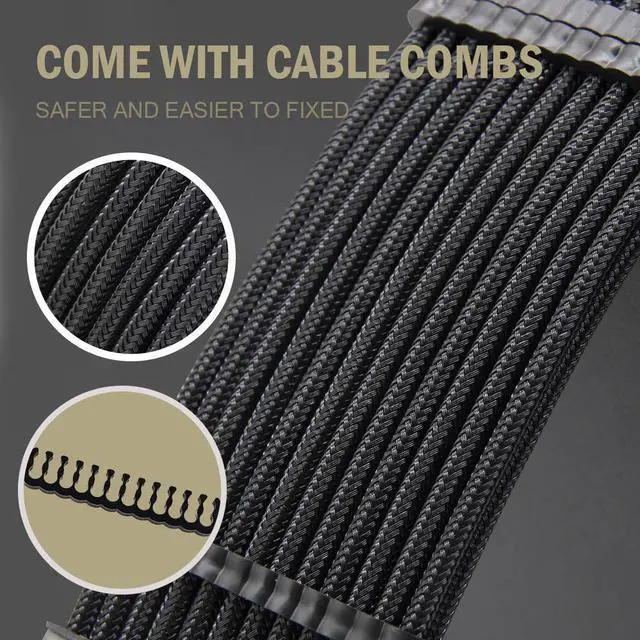 Alt view image 2 of 6 - Hipesen Black Sleeved Cables PSU Extension Kit 18AWG 30cm ATX 24-pin,CPU4+4-pin,PCI-E 6+2-pin,PCI-E 6-pin for ATX Power Supply Cable with Black Cable Comb