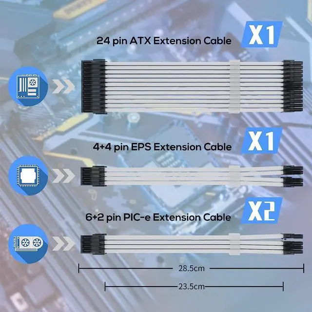 Alt view image 4 of 4 - Hipesen Sleeved Cables PSU Extension Kit(White Cable with Transparent Connectors) 16AWG 30cm ATX 24-pin,CPU4+4-pin,PCI-E 6+2-pin * 2 for ATX Power Supply Cable with Cable Comb