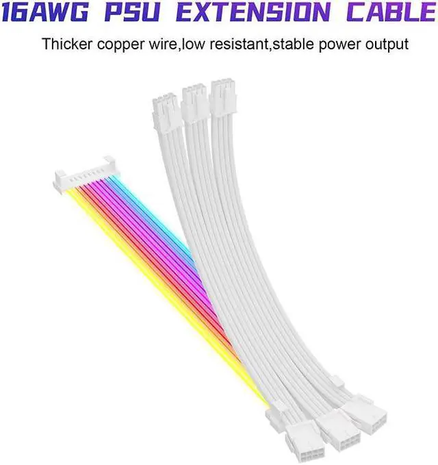 Alt view image 2 of 6 - Qinghai Electronics Addressable RGB PCIe 8Pin Power Extension Cable 18AWG White for Gaming Case - 11.8 Inch, Male to Female, Internal Power Cable