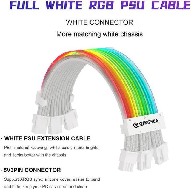 Alt view image 3 of 6 - Qinghai Electronics Addressable RGB PCIe 8Pin Power Extension Cable 18AWG White for Gaming Case - 11.8 Inch, Male to Female, Internal Power Cable