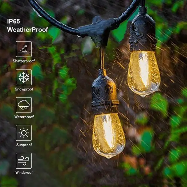 Alt view image 2 of 7 - SMY Lighting Outdoor String Lights 1 Pack of 50ft, 15 xE26 Outlets, 15 S14 Shatterproof Bulbs, 1 Watt Dimmable 2700K Warm White, IP65 Water Resistant, Commercial Grade Garden Light