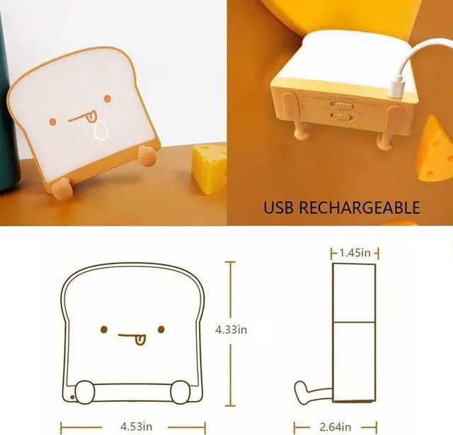 Alt view image 6 of 7 - Cute Nightlight Toast LED Nightlight Rechargeable and Timer Portable Bedroom Bedside Lamp A Gift for Girls, Boys, Kids, Women