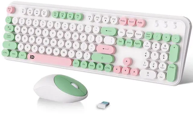 Main image of 2.4GHz wireless keyboard and mouse setup with switch button - full-size keyboard - compatible with Windows/laptop/PC/Notebook/Smart TV, etc. - white green