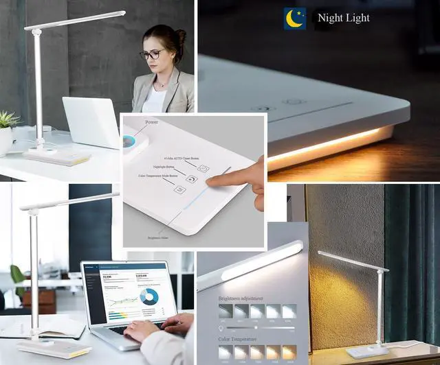Alt view image 2 of 5 - LED Desk Lamp with 5 Color Temperatures | Sliding Stepless Dimming & One-Touch Timer | Foldable & Portable Design for Office/Study/Nail Art | USB Charging & Four-Axis Rotation for Small Desks
