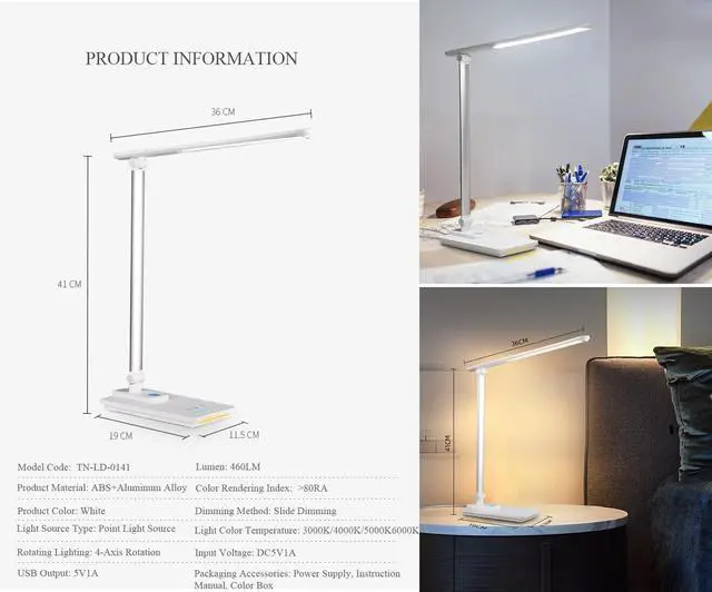 Alt view image 5 of 5 - LED Desk Lamp with 5 Color Temperatures | Sliding Stepless Dimming & One-Touch Timer | Foldable & Portable Design for Office/Study/Nail Art | USB Charging & Four-Axis Rotation for Small Desks