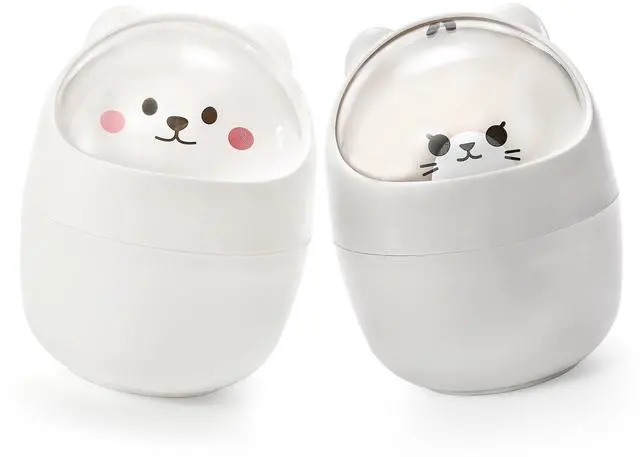 Main image of 2 Pack Desktop Mini Trash Bin with Swing Lid, Cute Bear Plastic Wastebasket Trash Can Countertop Garbage Storage Bucket for Home, Office, Kitchen, Vanity Tabletop, Bedroom, Grey & White
