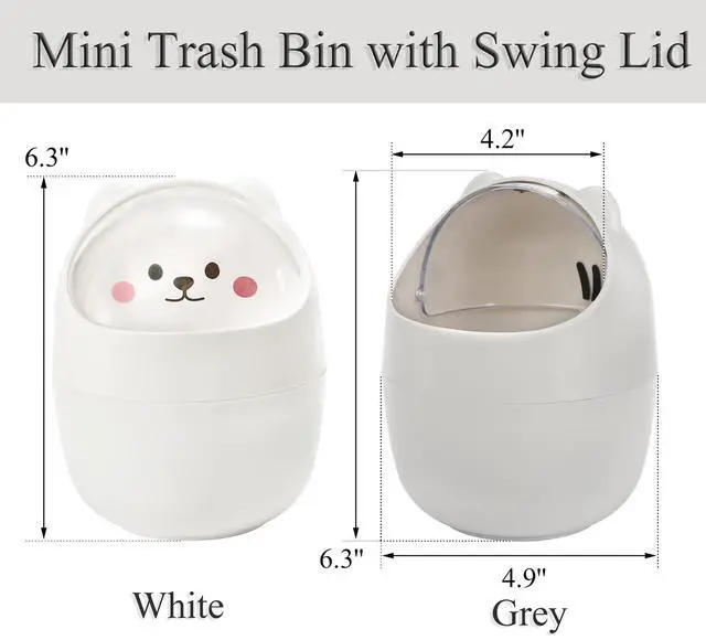 Alt view image 2 of 7 - 2 Pack Desktop Mini Trash Bin with Swing Lid, Cute Bear Plastic Wastebasket Trash Can Countertop Garbage Storage Bucket for Home, Office, Kitchen, Vanity Tabletop, Bedroom, Grey & White