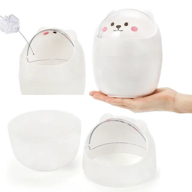 Alt view image 4 of 7 - 2 Pack Desktop Mini Trash Bin with Swing Lid, Cute Bear Plastic Wastebasket Trash Can Countertop Garbage Storage Bucket for Home, Office, Kitchen, Vanity Tabletop, Bedroom, Grey & White