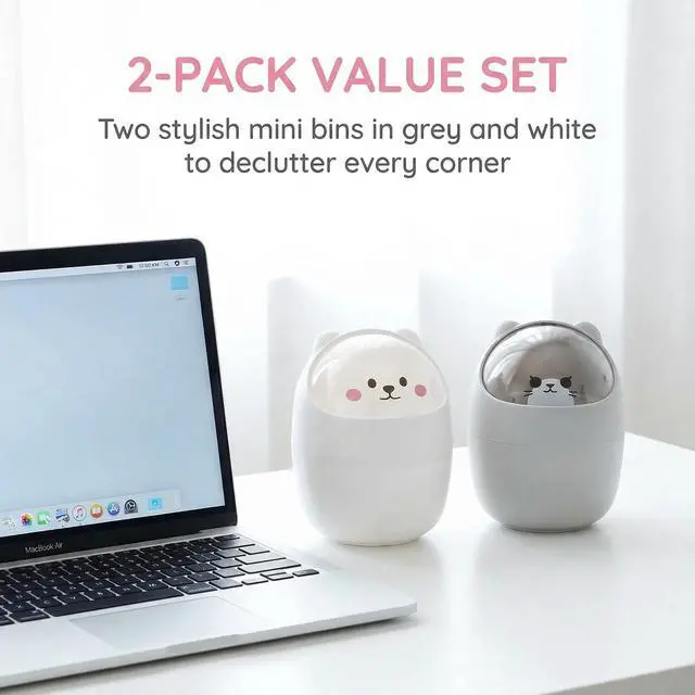 Alt view image 6 of 7 - 2 Pack Desktop Mini Trash Bin with Swing Lid, Cute Bear Plastic Wastebasket Trash Can Countertop Garbage Storage Bucket for Home, Office, Kitchen, Vanity Tabletop, Bedroom, Grey & White