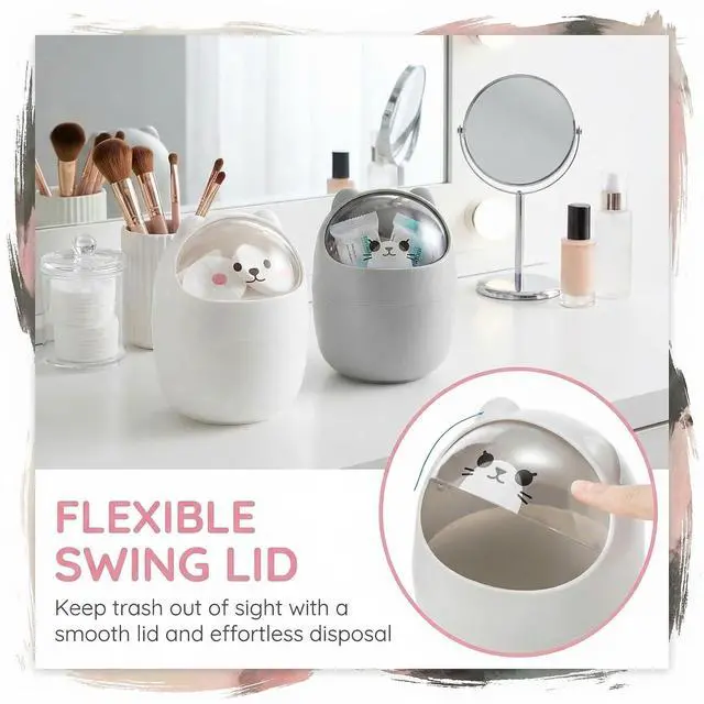 Alt view image 7 of 7 - 2 Pack Desktop Mini Trash Bin with Swing Lid, Cute Bear Plastic Wastebasket Trash Can Countertop Garbage Storage Bucket for Home, Office, Kitchen, Vanity Tabletop, Bedroom, Grey & White