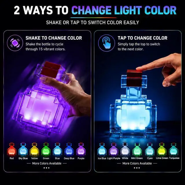 Alt view image 2 of 7 - Pixel Style Potion Bottle Lamp 15 Color, Interactive RGB Night Light with Shake Activated Color Changing, USB Rechargeable Magic Potion LED Desk Lamp for Room Decor, Kids Boys Gaming Fans Gifts