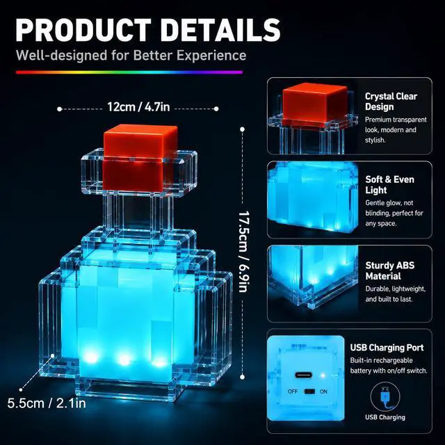 Alt view image 3 of 7 - Pixel Style Potion Bottle Lamp 15 Color, Interactive RGB Night Light with Shake Activated Color Changing, USB Rechargeable Magic Potion LED Desk Lamp for Room Decor, Kids Boys Gaming Fans Gifts