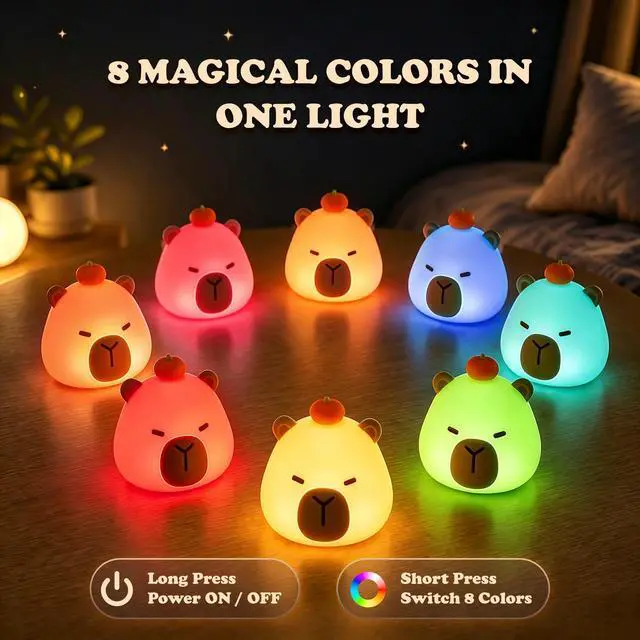 Alt view image 2 of 7 - Mini Capybara Night Light with Lanyard, 8 Color Changing Rechargeable Night Light, Soft Silicone Cute Lamp for Bag & Camping, Capybara Gifts