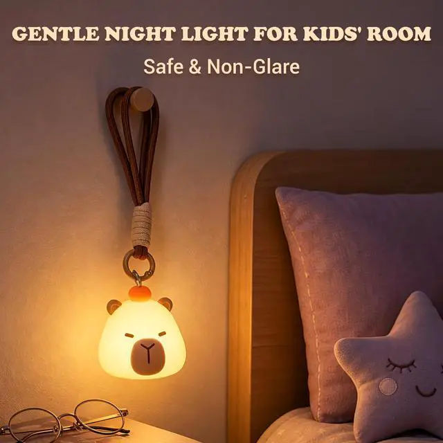 Alt view image 3 of 7 - Mini Capybara Night Light with Lanyard, 8 Color Changing Rechargeable Night Light, Soft Silicone Cute Lamp for Bag & Camping, Capybara Gifts