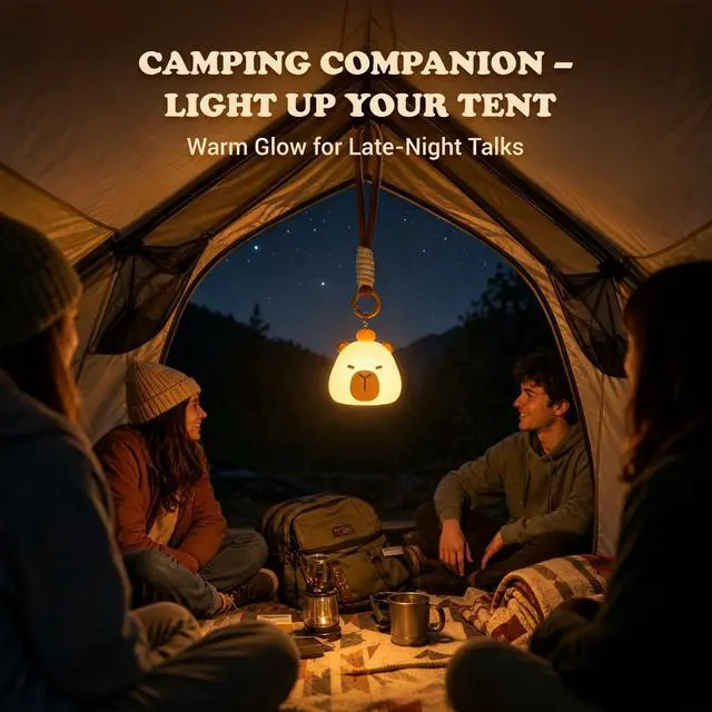 Alt view image 7 of 7 - Mini Capybara Night Light with Lanyard, 8 Color Changing Rechargeable Night Light, Soft Silicone Cute Lamp for Bag & Camping, Capybara Gifts