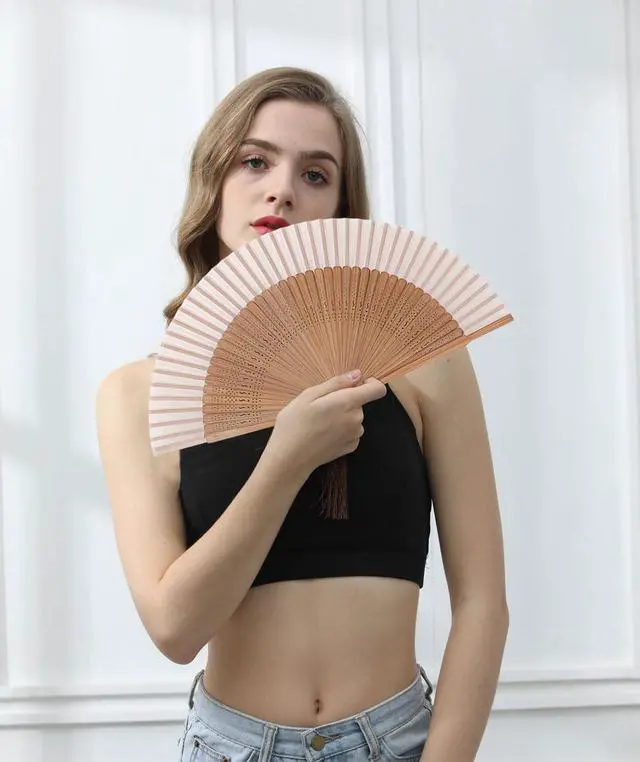 Alt view image 2 of 6 - 8.27"(21cm) Hand Held Bamboo Silk Folding Fan Foldable Hand Fan,Chinese/Japanese Charming Elegant Vintage Retro Style,Women Ladys Girls Best Gifts,Brown