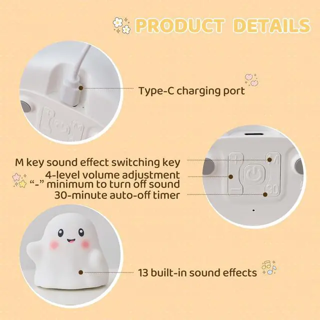 Alt view image 7 of 7 - Cute Ghost Night Light for Kids, Interactive Toy Ghost with Music
