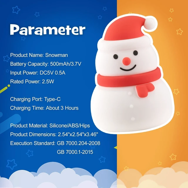 Alt view image 7 of 7 - Christmas Snowman Night Light RGB Rechargeable for Nursery Bedroom