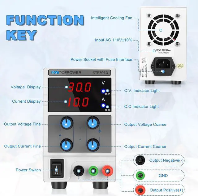 Alt view image 8 of 13 - DC Power Supply Variable, Adjustable Switching Regulated Power Supply Digital, with Alligator Leads US Power Cord for Spectrophotometer and lab Equipment Repair (0-30V 0-10A)