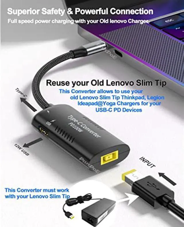 Alt view image 3 of 5 - PLUSPOE USB C to Slim Tip Adapter, PD3.0 Fast Multi-Port Charging for Convert Lenovo Square Slim Tip to Type-C Power for Lenovo Thinkpad MacBook Chromebook