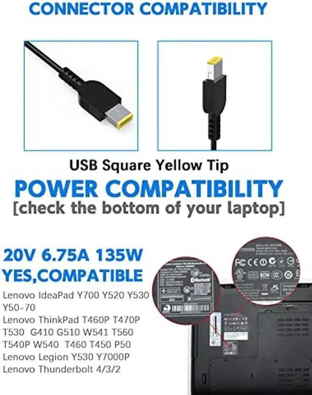 Alt view image 4 of 5 - 135W Lenovo Laptop Charger, Replacement (20V 6.75A) for Lenovo Legion Y520 Y530 Y7000P Lenovo IdeaPad Y700 Y40-70 Y50-70 ADL135NLC3A Thunderbolt 4/2 Dock ThinkPad T560 T530 AC Adapter Power Cable